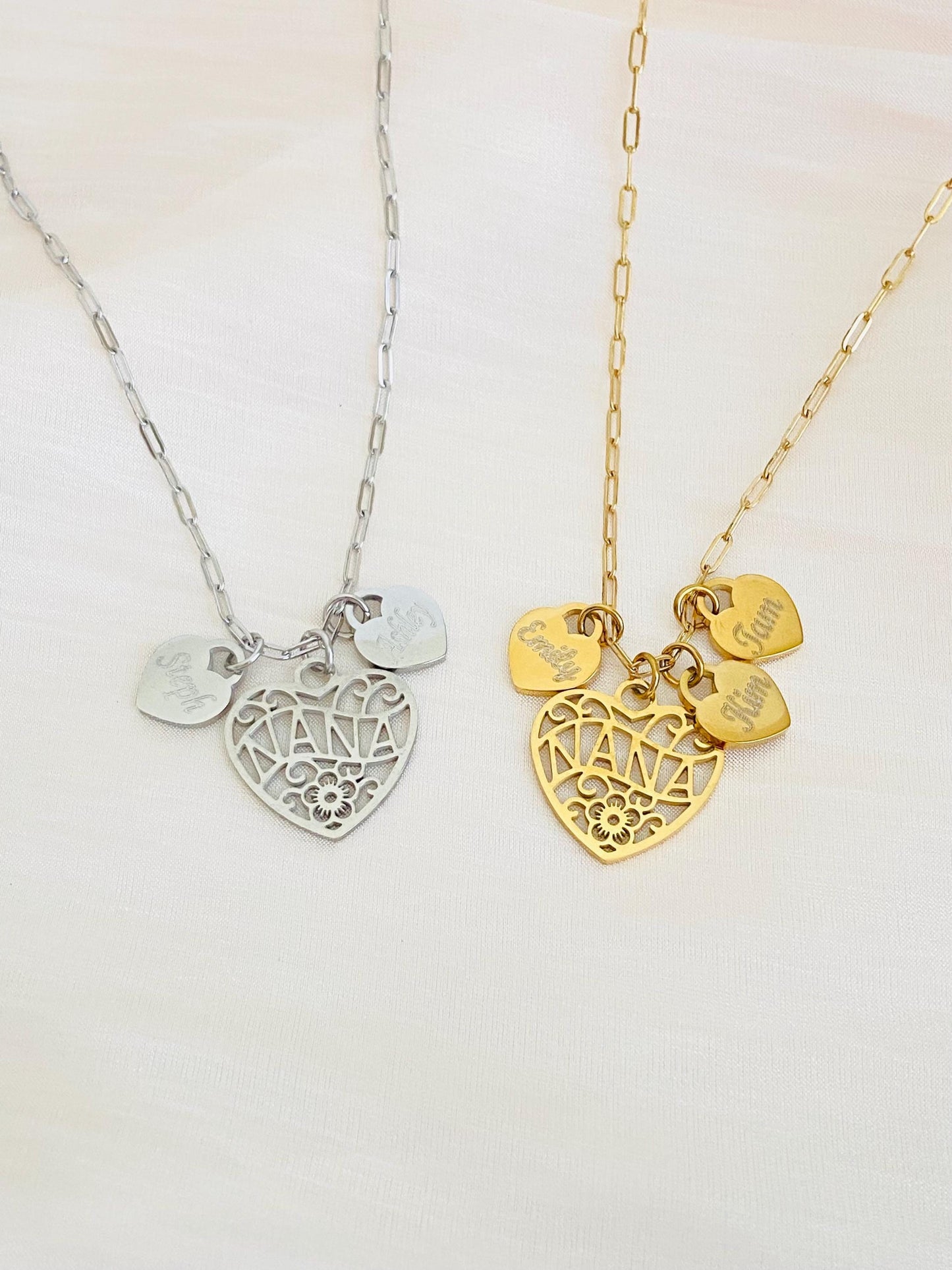 Personalized Nana Necklace with Engraved Heart Charms • Custom Grandma Necklace in Stainless Steel or Gold