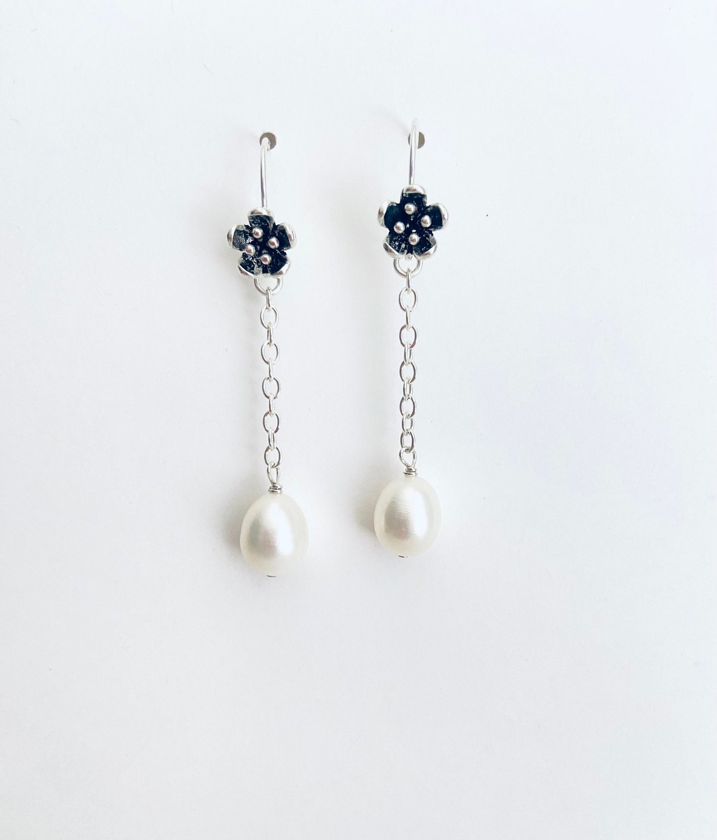 Sterling Silver Dangle Pearl Earrings with Vintage Flower Ear Hook