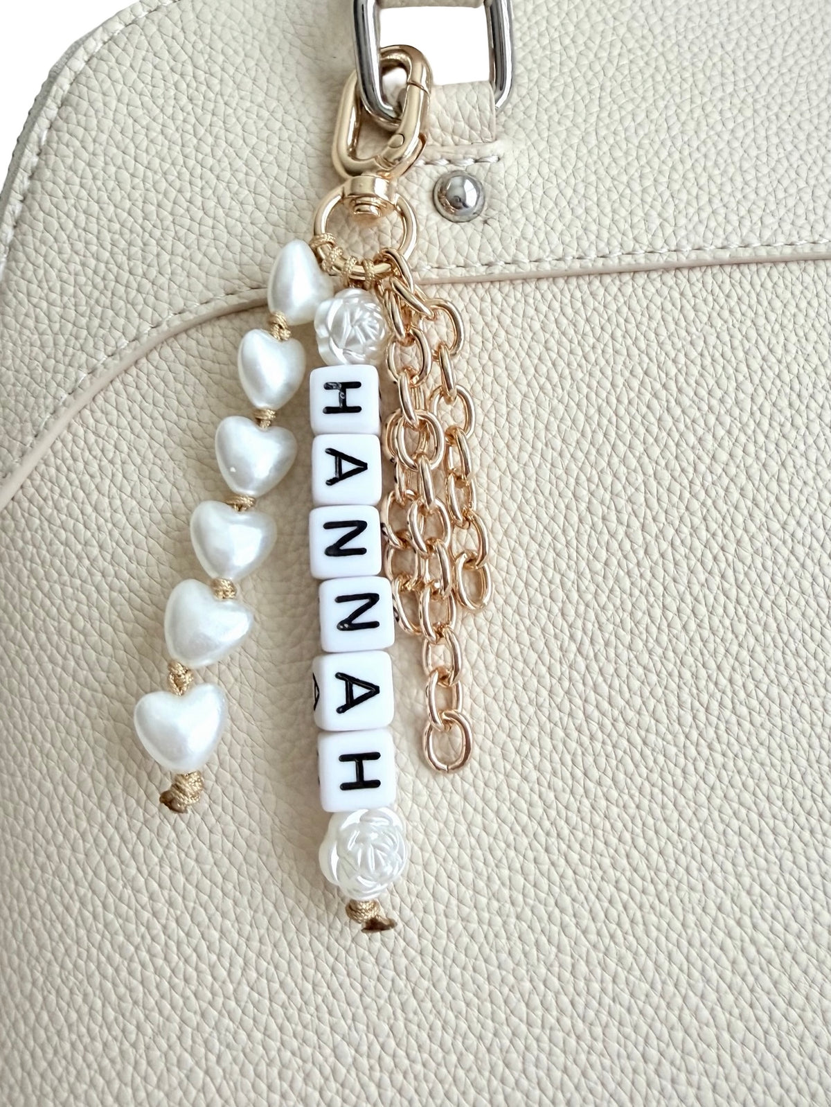 Personalized Bag Charm with Acrylic Heart, Name & Chain Tassels • Silver or Champagne Gold