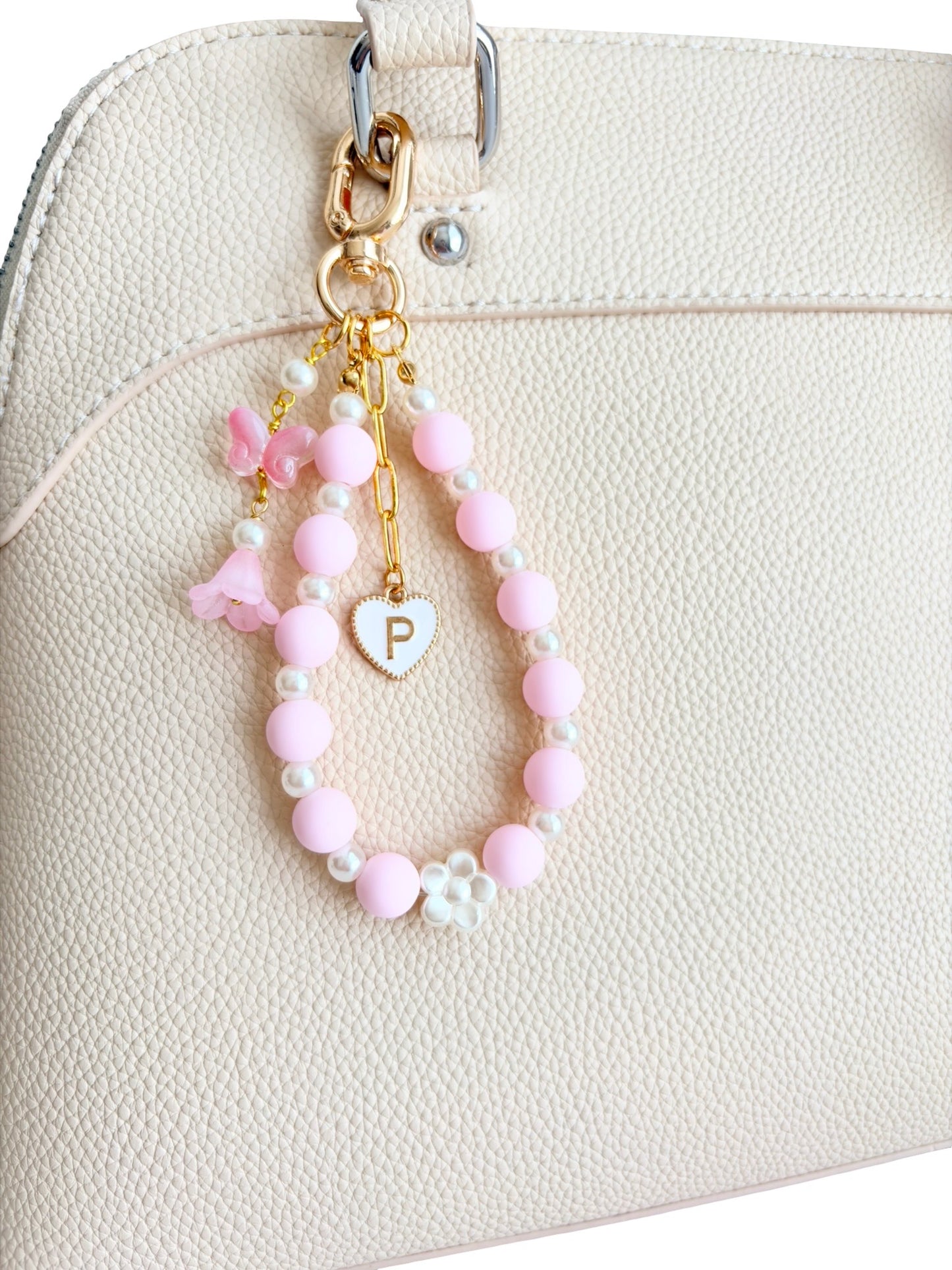 Personalized Beaded Bag Charm with Butterfly & Flower