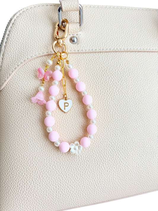 Personalized Beaded Bag Charm with Butterfly & Flower