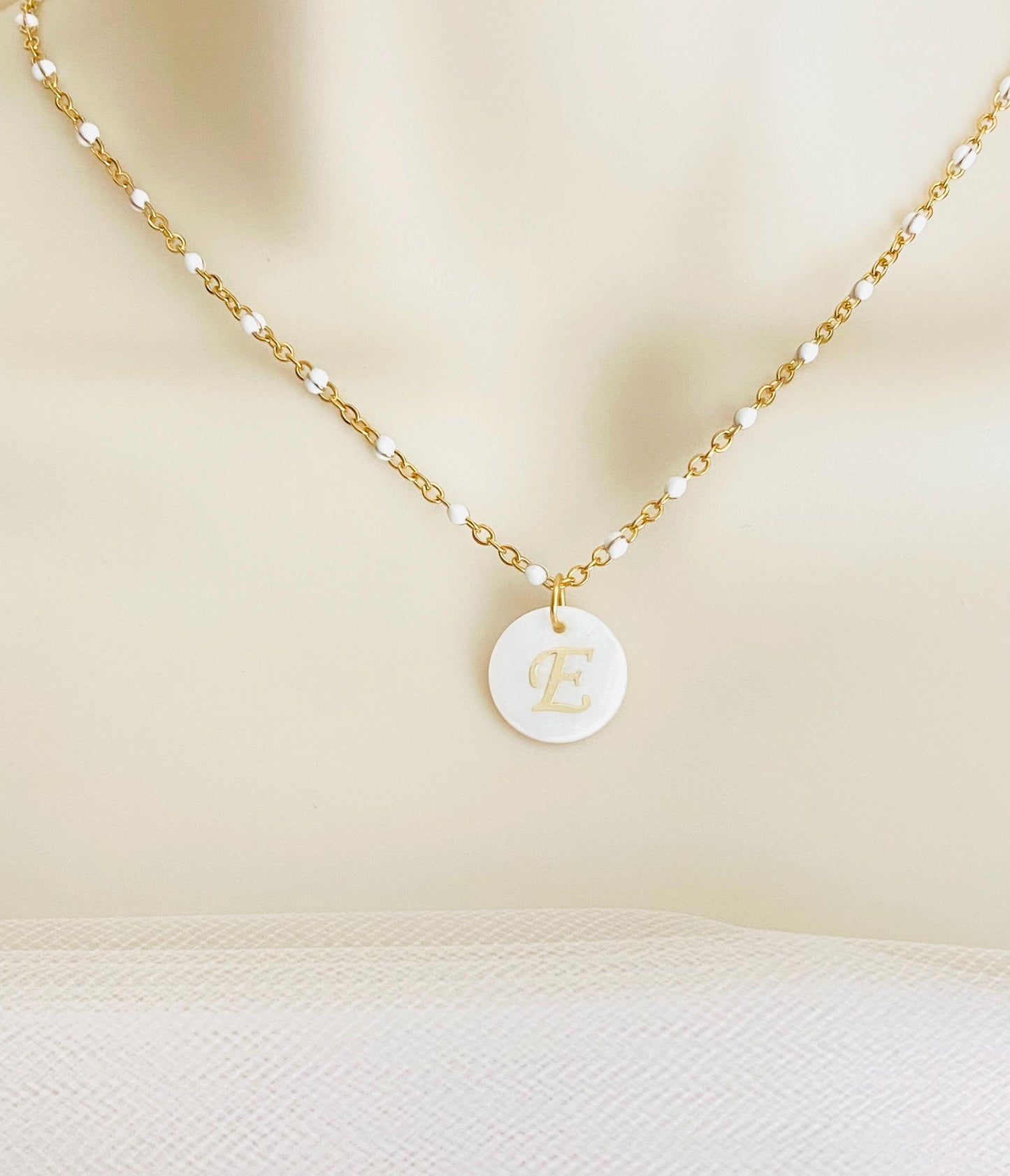 Shell Initial Pendant Necklace • Personalized Letter Necklace with White Enamel Beaded Chain