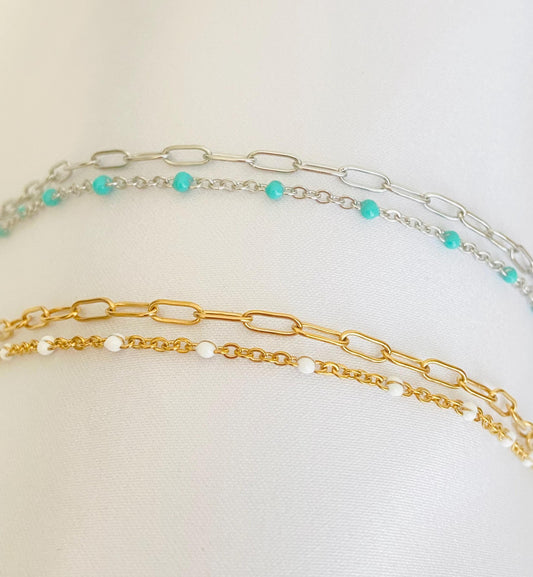 Double Strand Stainless Steel Paperclip & Enamel Chain Bracelet • Layered Mini Paperclip Bracelet for Women