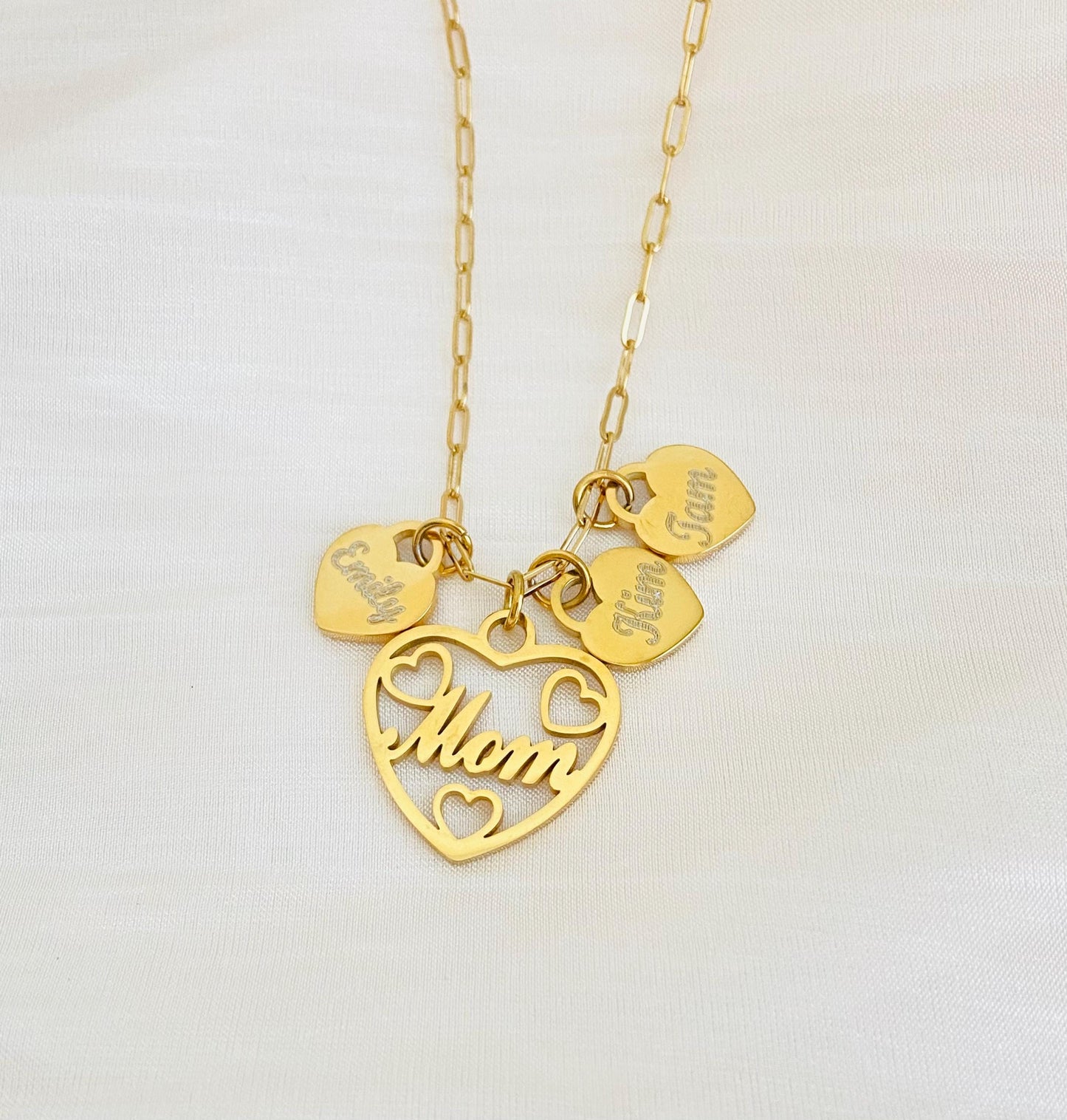 Mom Necklace with Personalized Heart Charms • Custom Family Necklace in Stainless Steel or Gold