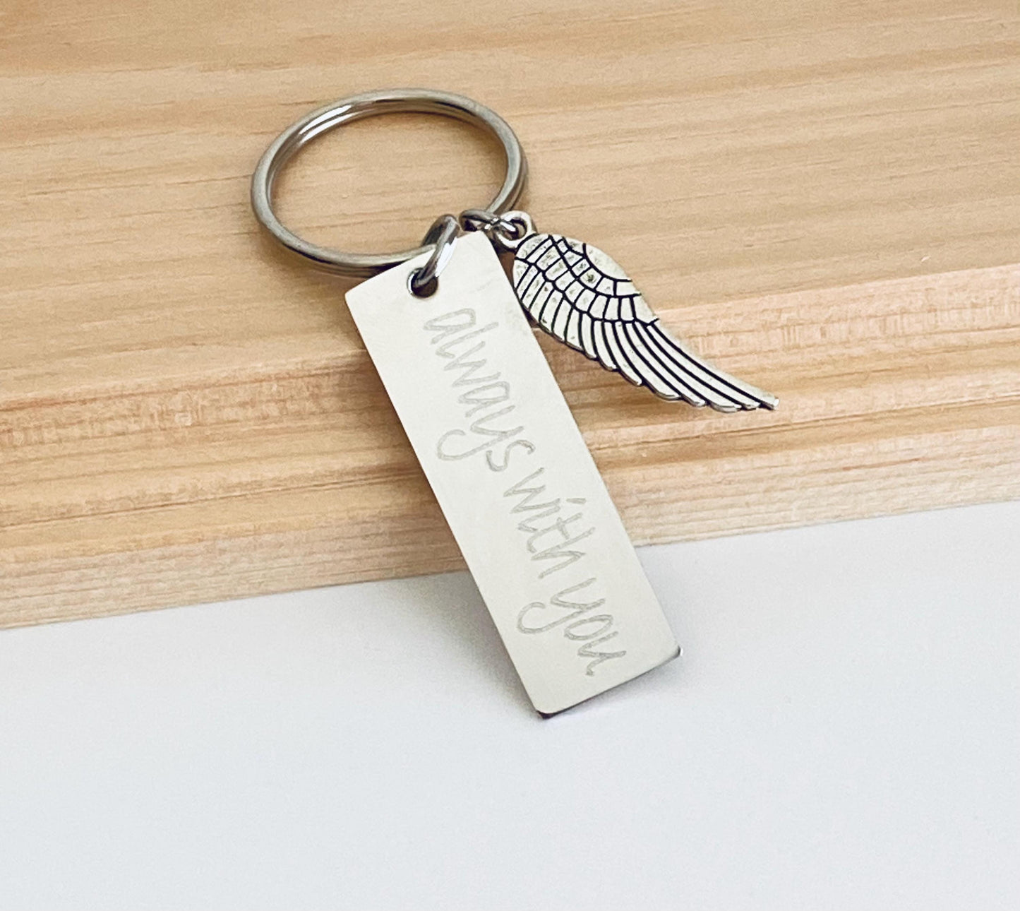 Personalized Angel Wing Keychain  • Custom Engraved Key Chain with Angel Wing Charm