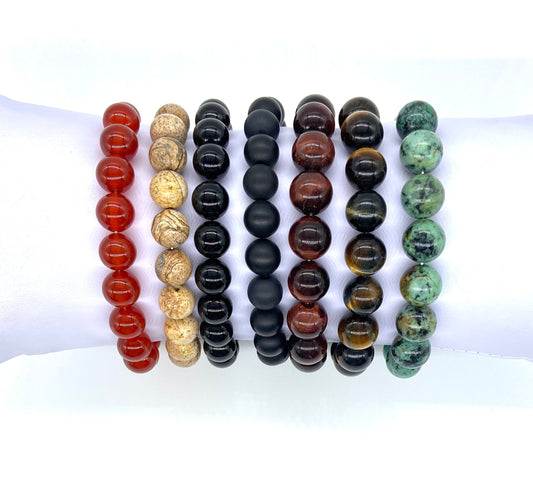 Gemstone Stretch Bracelet • Tiger Eye, Blue Tiger Eye, Picture Jasper, Carnelian, African Jasper & 10mm Onyx