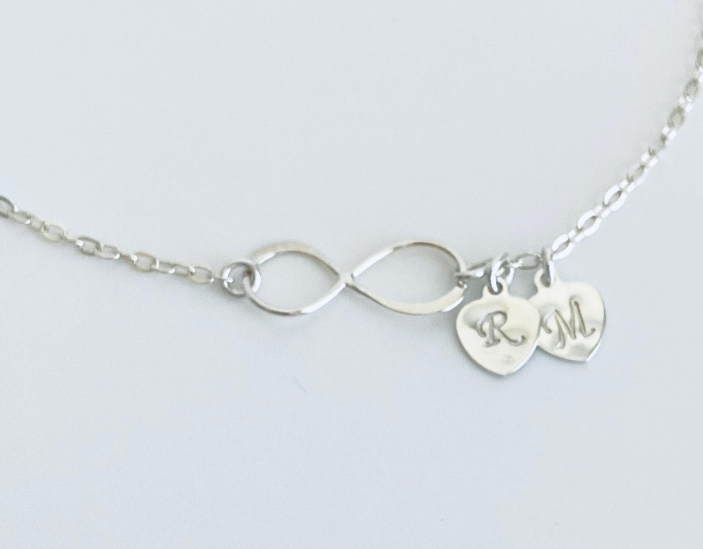 Sterling Silver Infinity Bracelet with Heart Charm • Personalized Charm Bracelet, Choose One or Multiple Charms