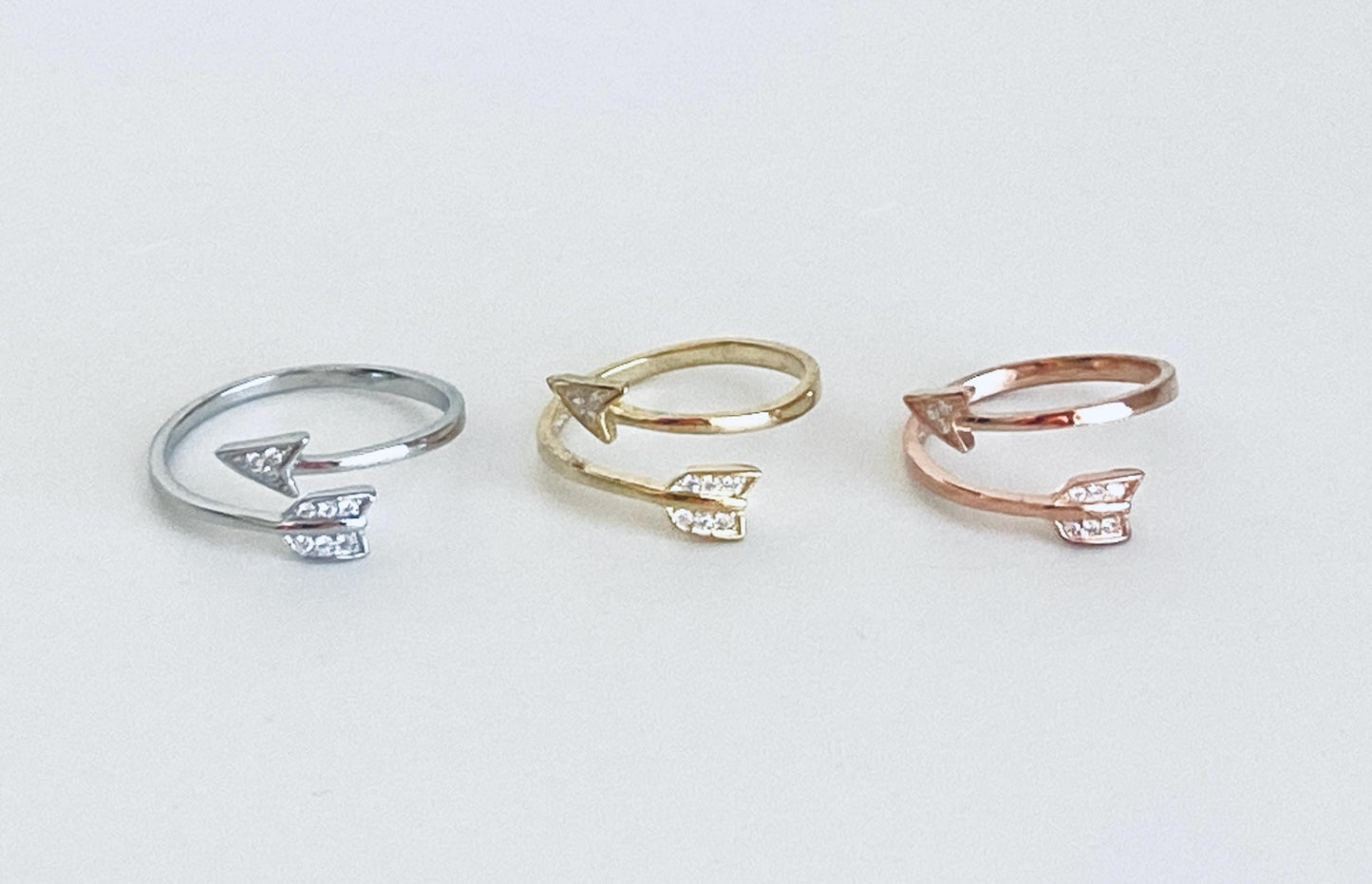 Adjustable Sterling Silver Arrow Ring with Rhinestones • Sterling Silver • Gold • Rose Gold