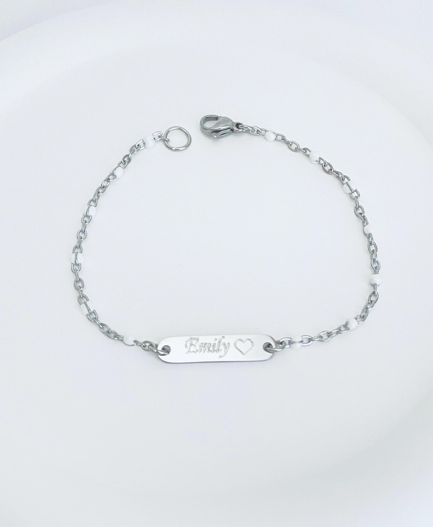 Personalized Stainless Steel Mini Bar Bracelet with White Enamel Beaded Chain • Custom Engraved Name Bracelet