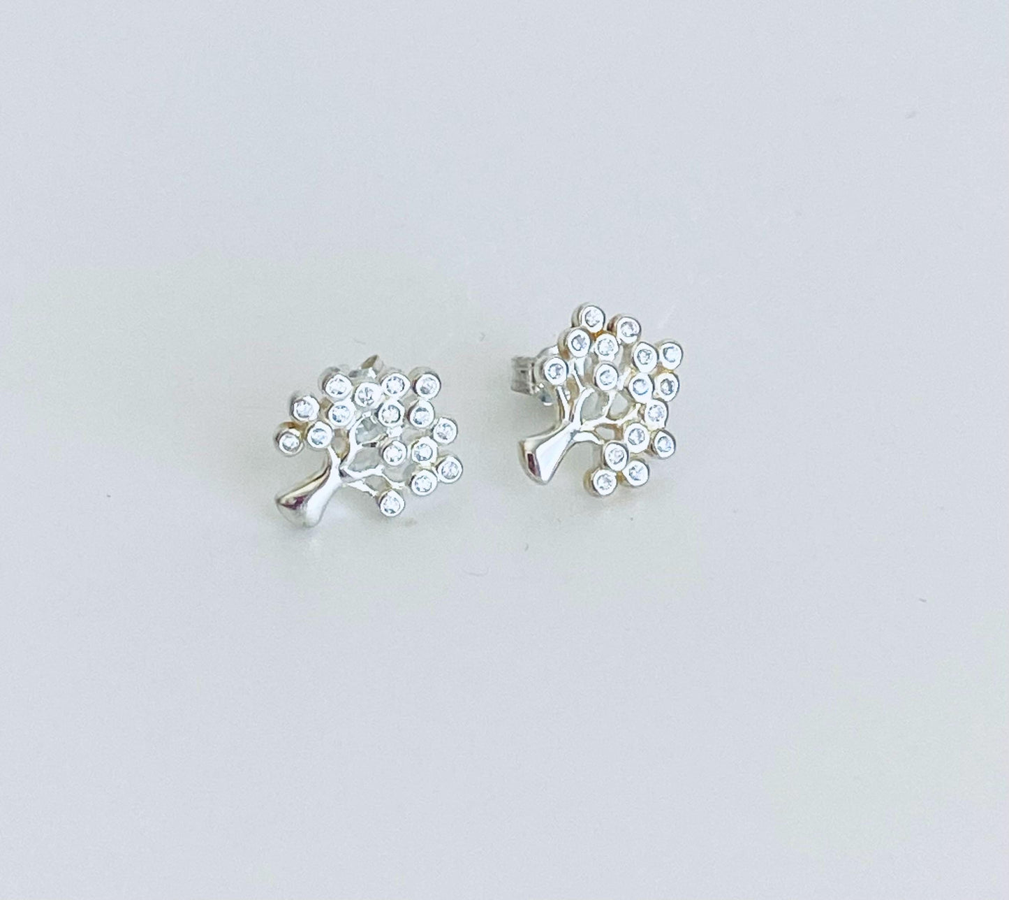 Sterling Silver Tree Stud Earrings with Tiny CZ  accent • 925 Silver Tree of Life Studs