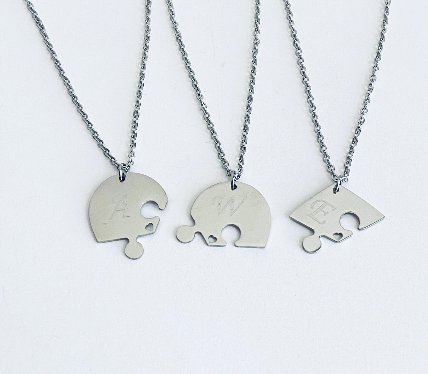 Personalized Stainless Steel 3-Piece Heart Puzzle Necklace Set with Tiny Heart Cutout •  Custom Engraved Matching Necklaces