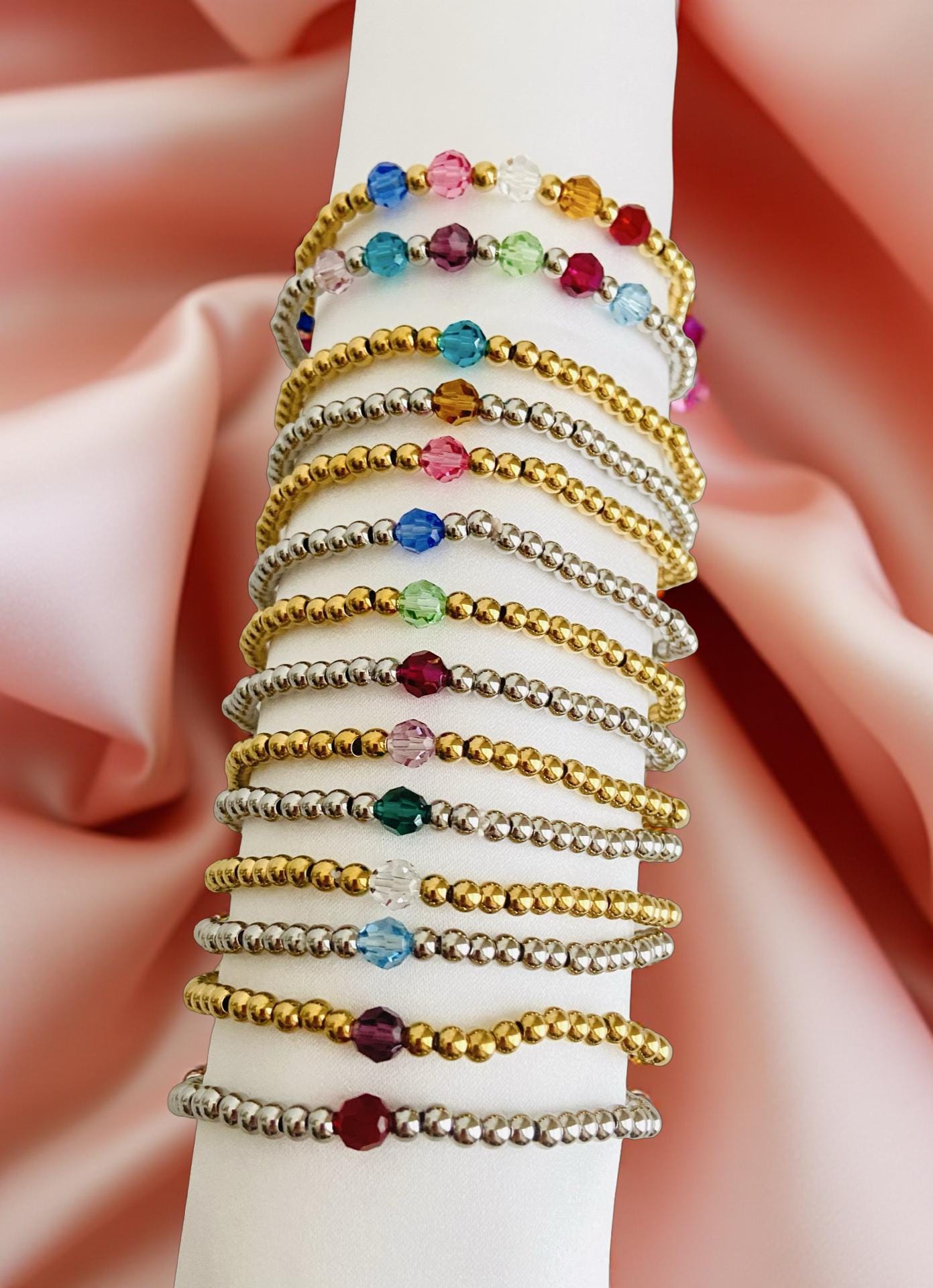 Stainless Steel Beaded Stretch Bracelet with Swarovski Crystal Birthstones