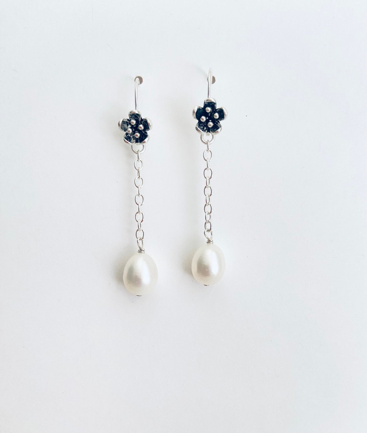 Sterling Silver Dangle Pearl Earrings with Vintage Flower Ear Hook
