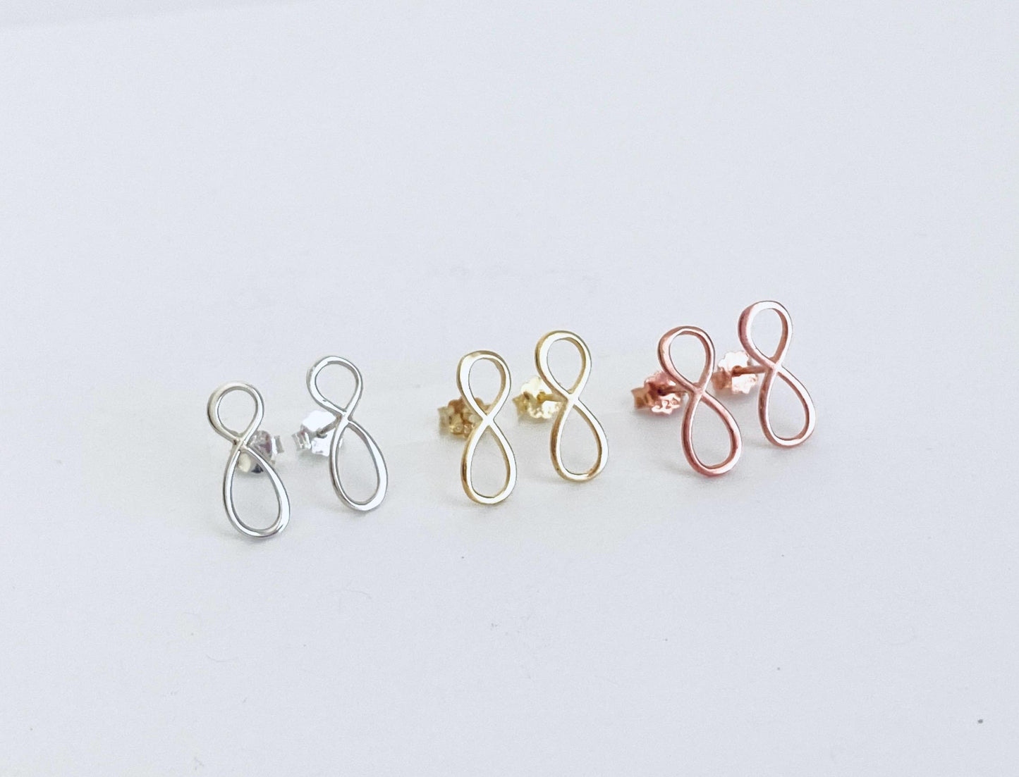 Dainty Infinity Studs • Available in Sterling Silver, Gold over Silver, or Rose Gold over Silver