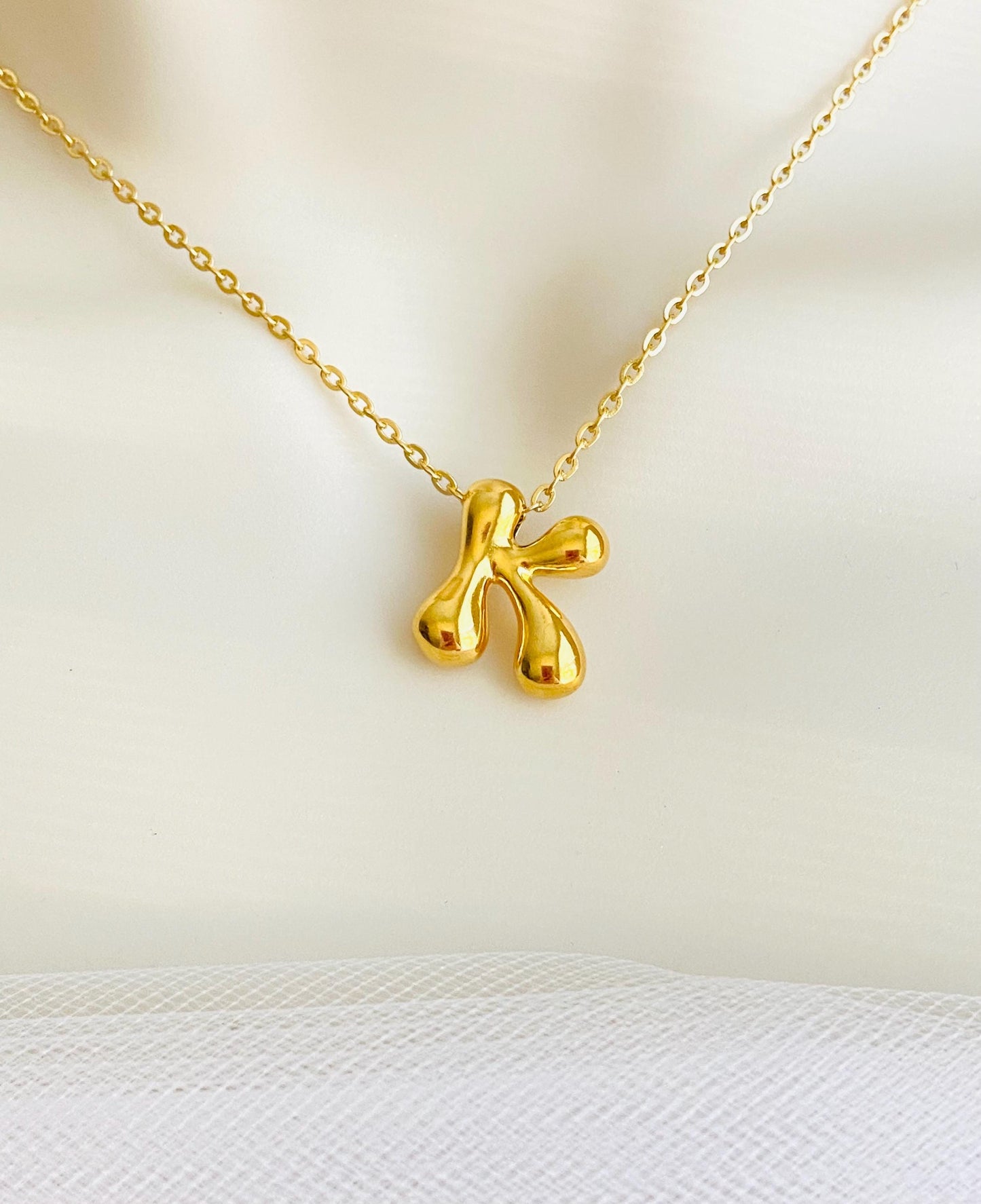 Stainless Steel Large Bubble Initial Charm Necklace • Personalized Letter Necklace in Stainless Steel or Gold Over Stainless Steel