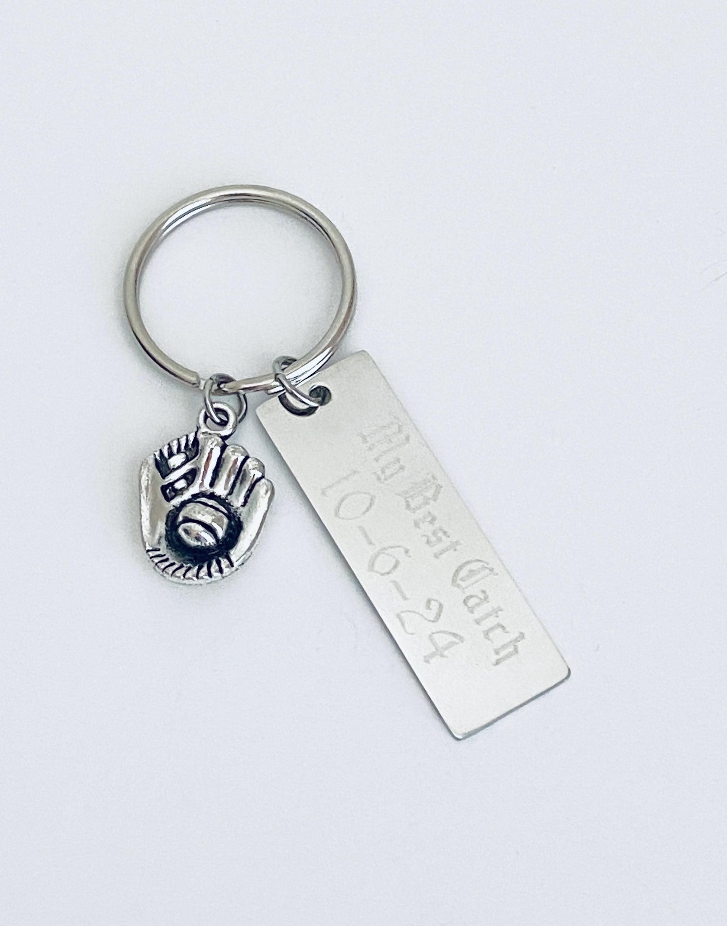Personalized Key Chain with Baseball Mitten Charm • Custom Engraved Stainless Steel Keychain