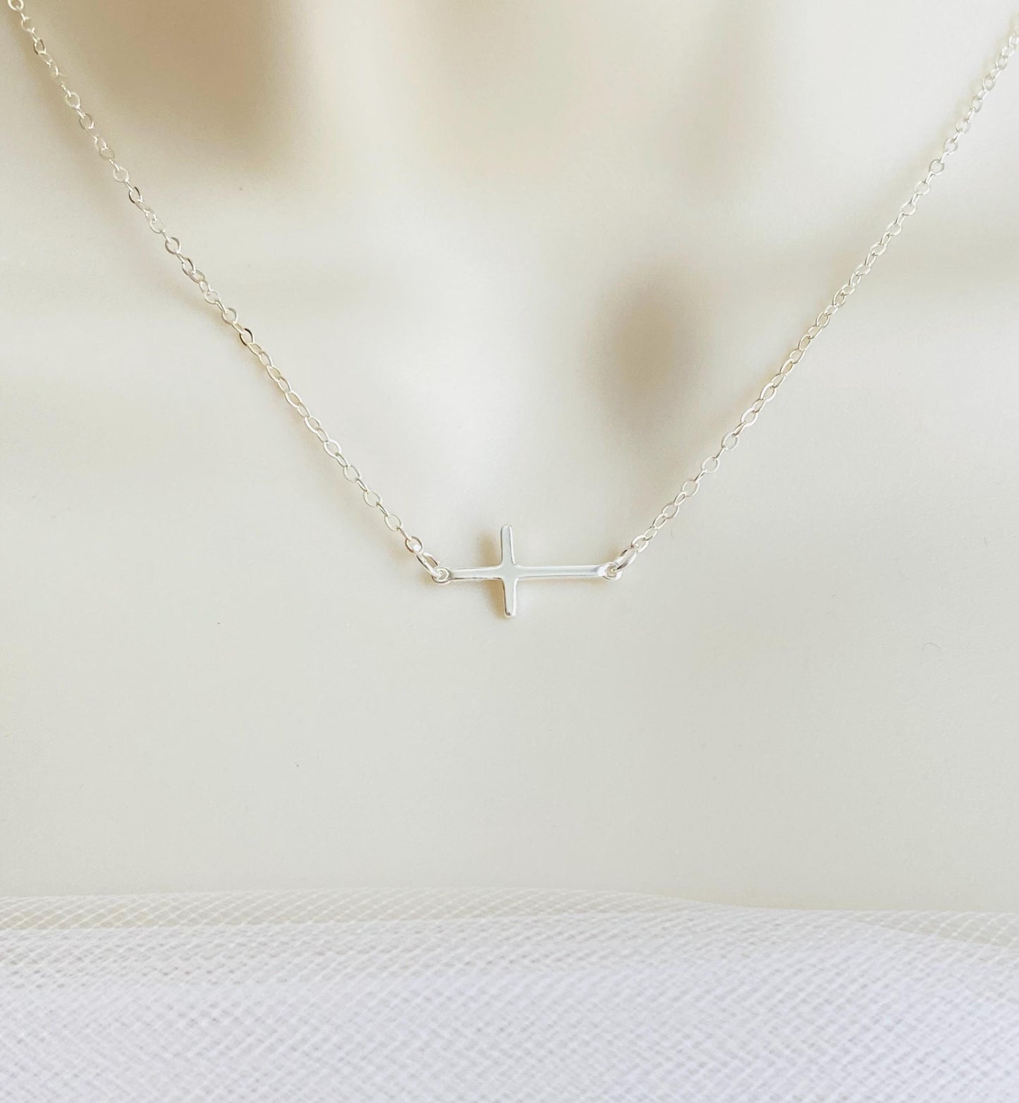 Sterling Silver Slim Sideways Cross Pendant Necklace • Minimalist Faith Necklace
