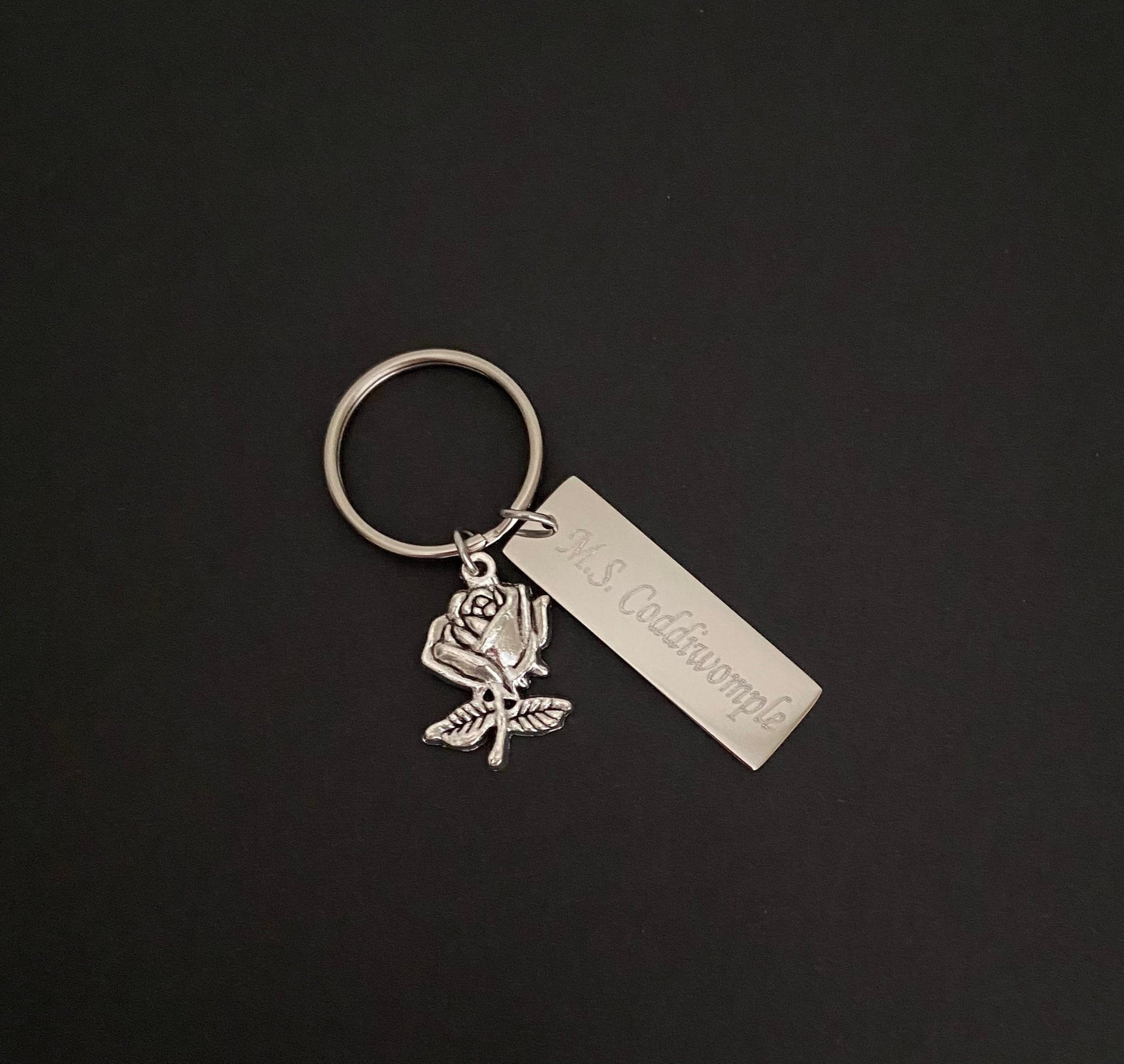 Personalized Key Chain with Rose Charm • Custom Engraved Floral Keychain Gift for Her