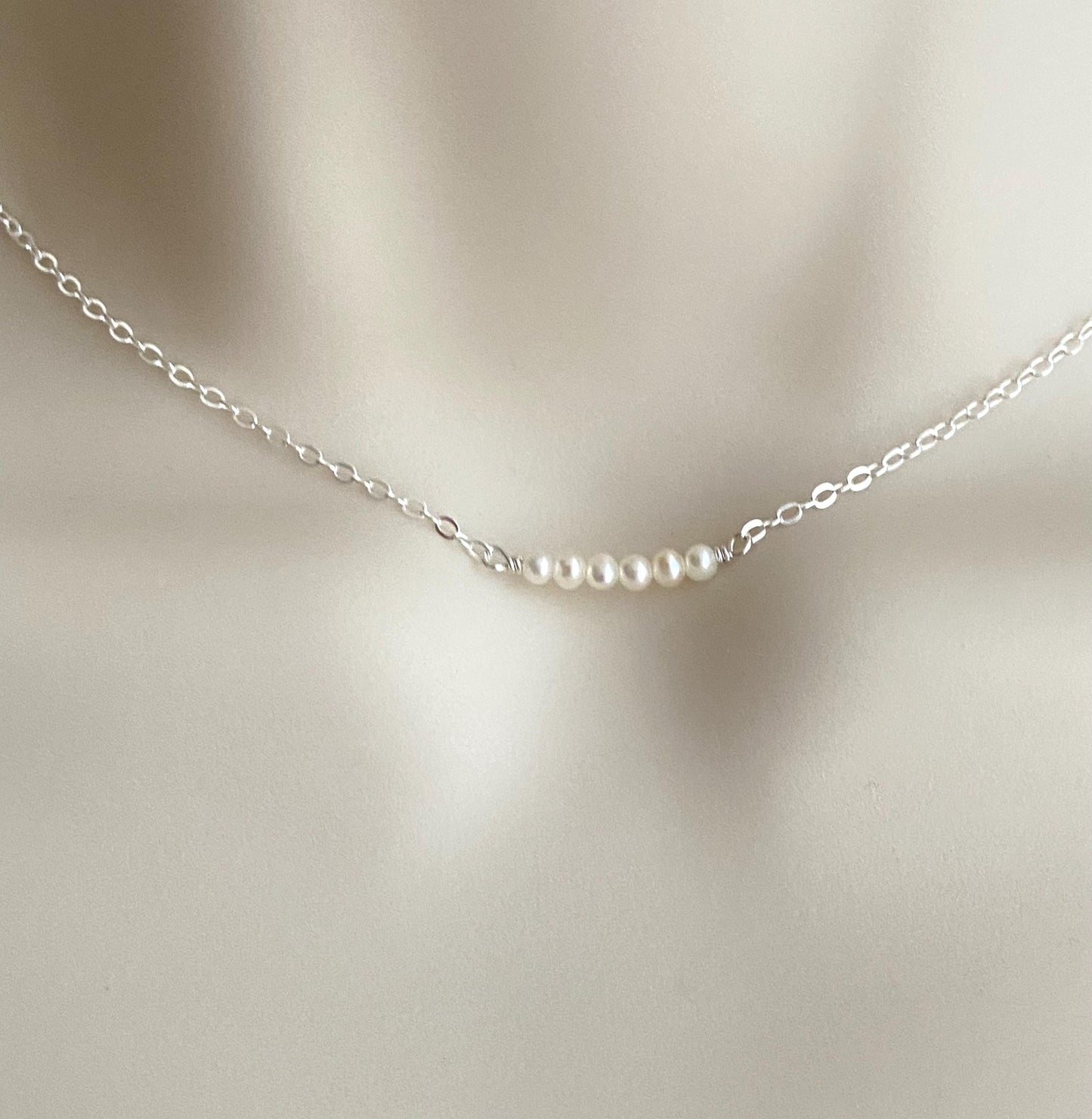 TINY White Pearl Bar Necklace in Sterling Silver. Gold Filled