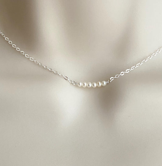 TINY White Pearl Bar Necklace in Sterling Silver. Gold Filled