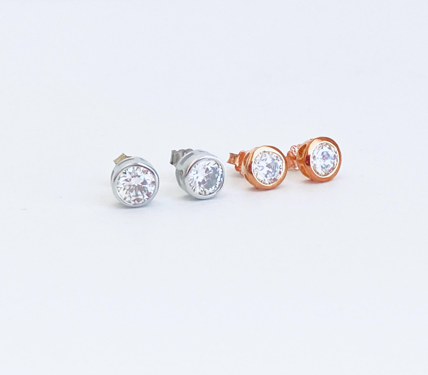 Sterling Silver Solitaire Stud Earrings • 925 Silver or Rose Gold over Sterling Silver