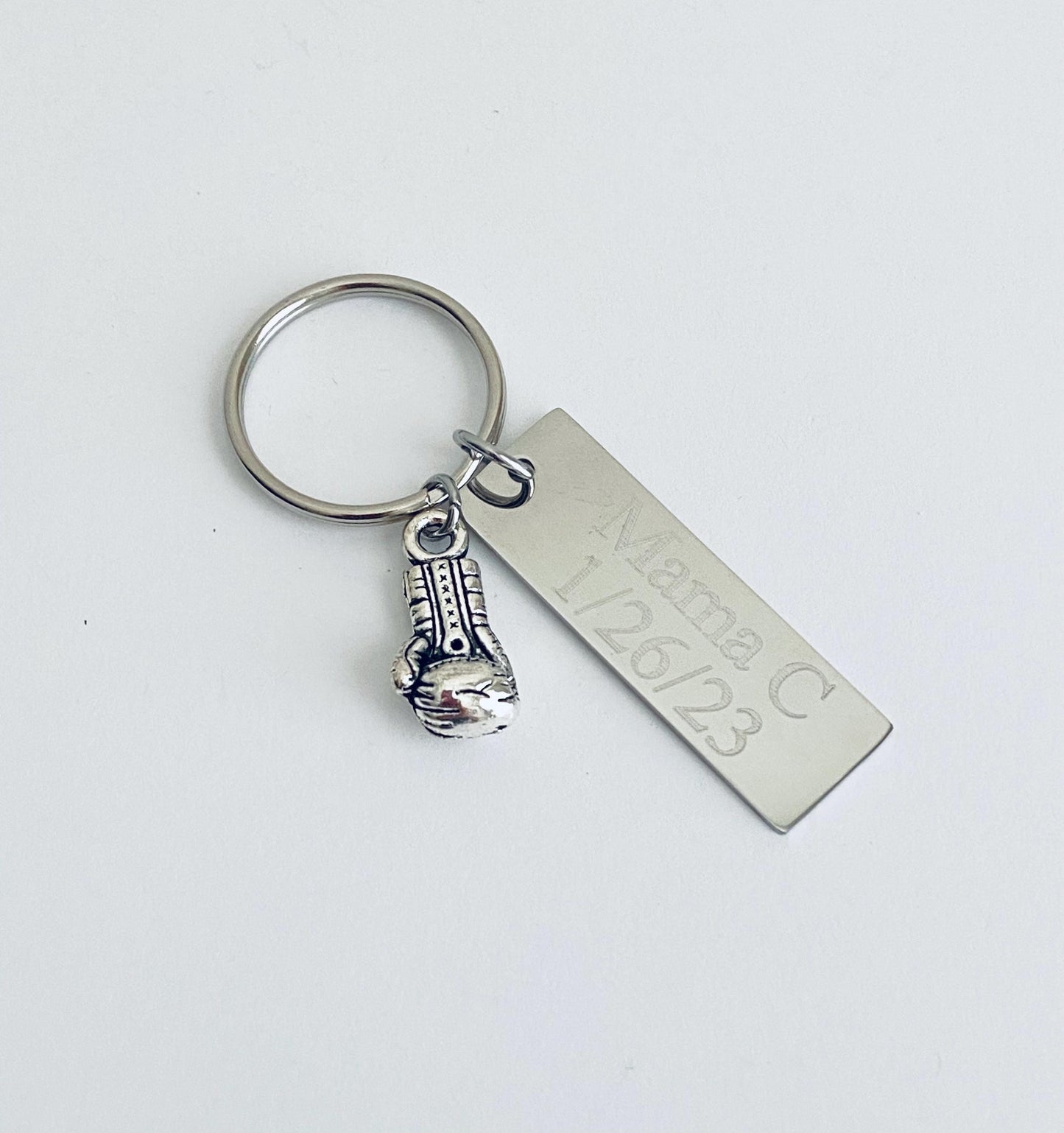 Personalized Key Chain with Boxing Glove Charm • Custom Engraved Stainless Steel Keychain