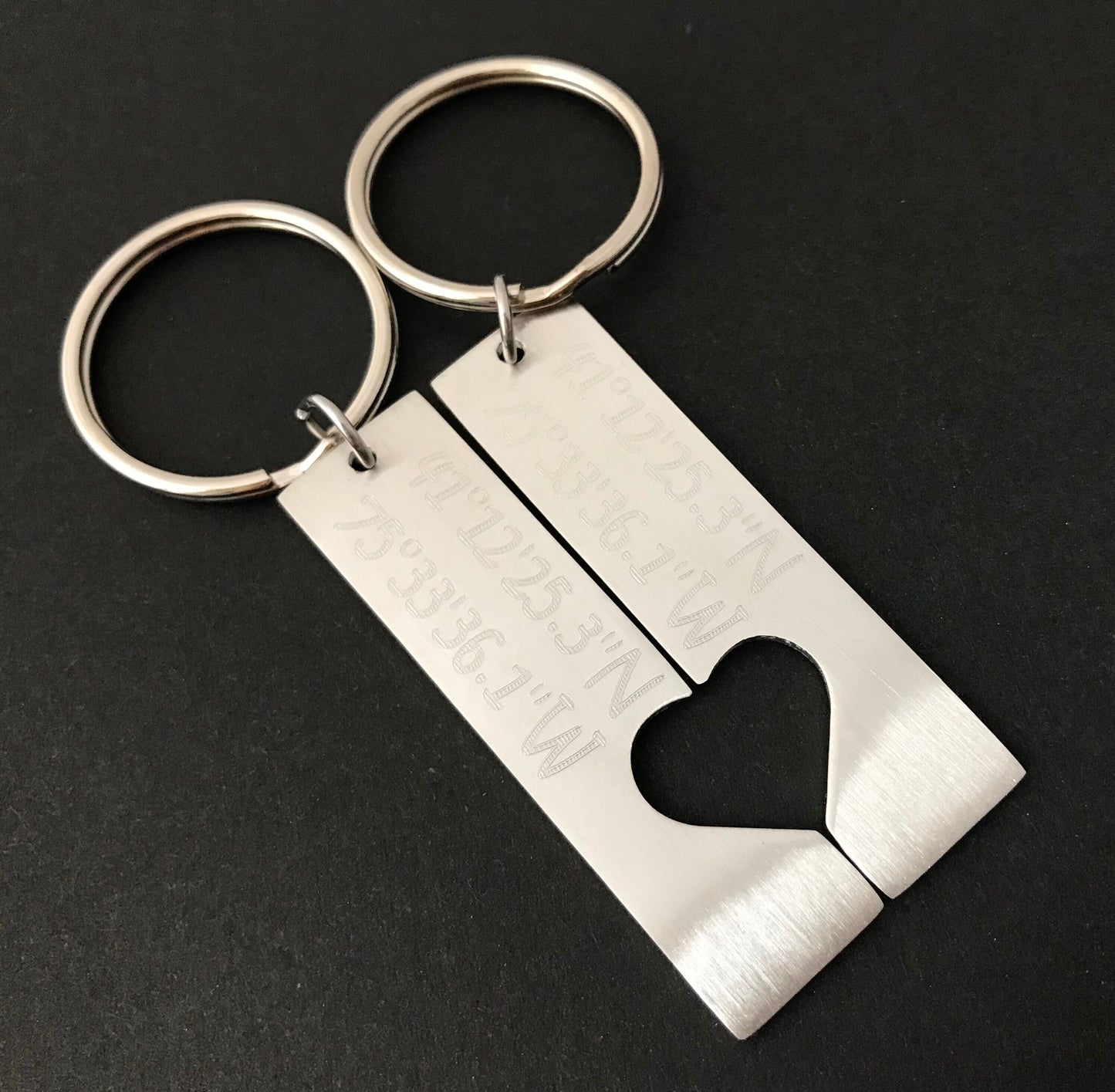 Personalized Stainless Steel Long Bar Key Chain Set with Heart Cutout • Custom Engraved Love Keepsake