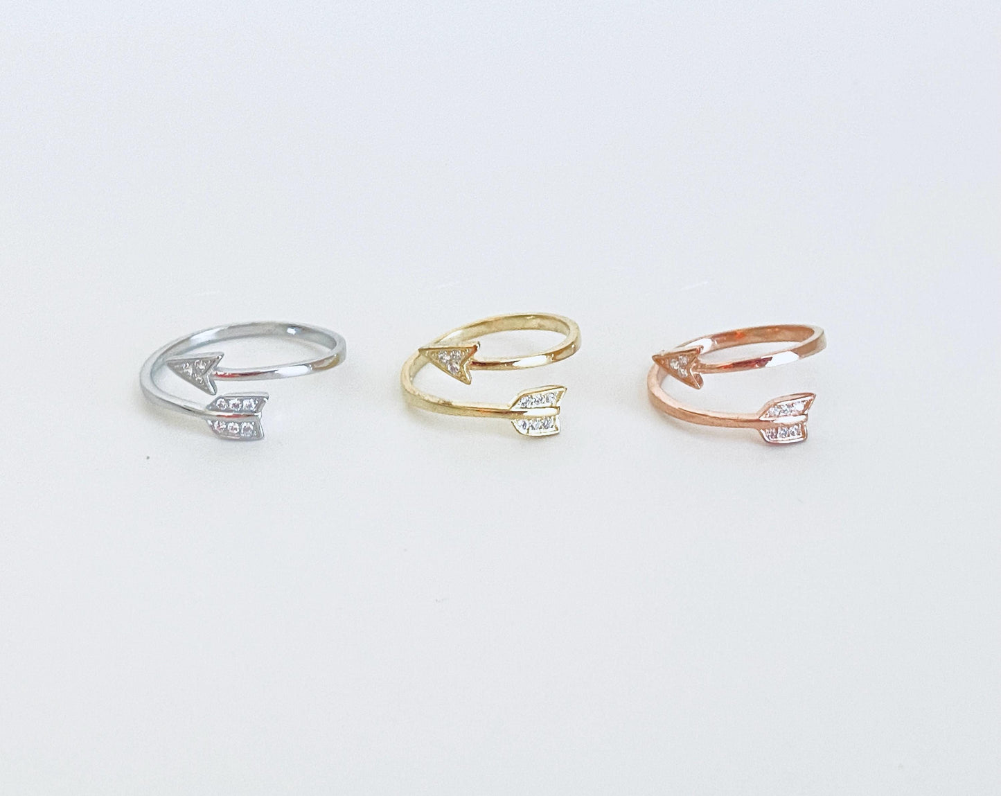 Adjustable Sterling Silver Arrow Ring with Rhinestones • Sterling Silver • Gold • Rose Gold