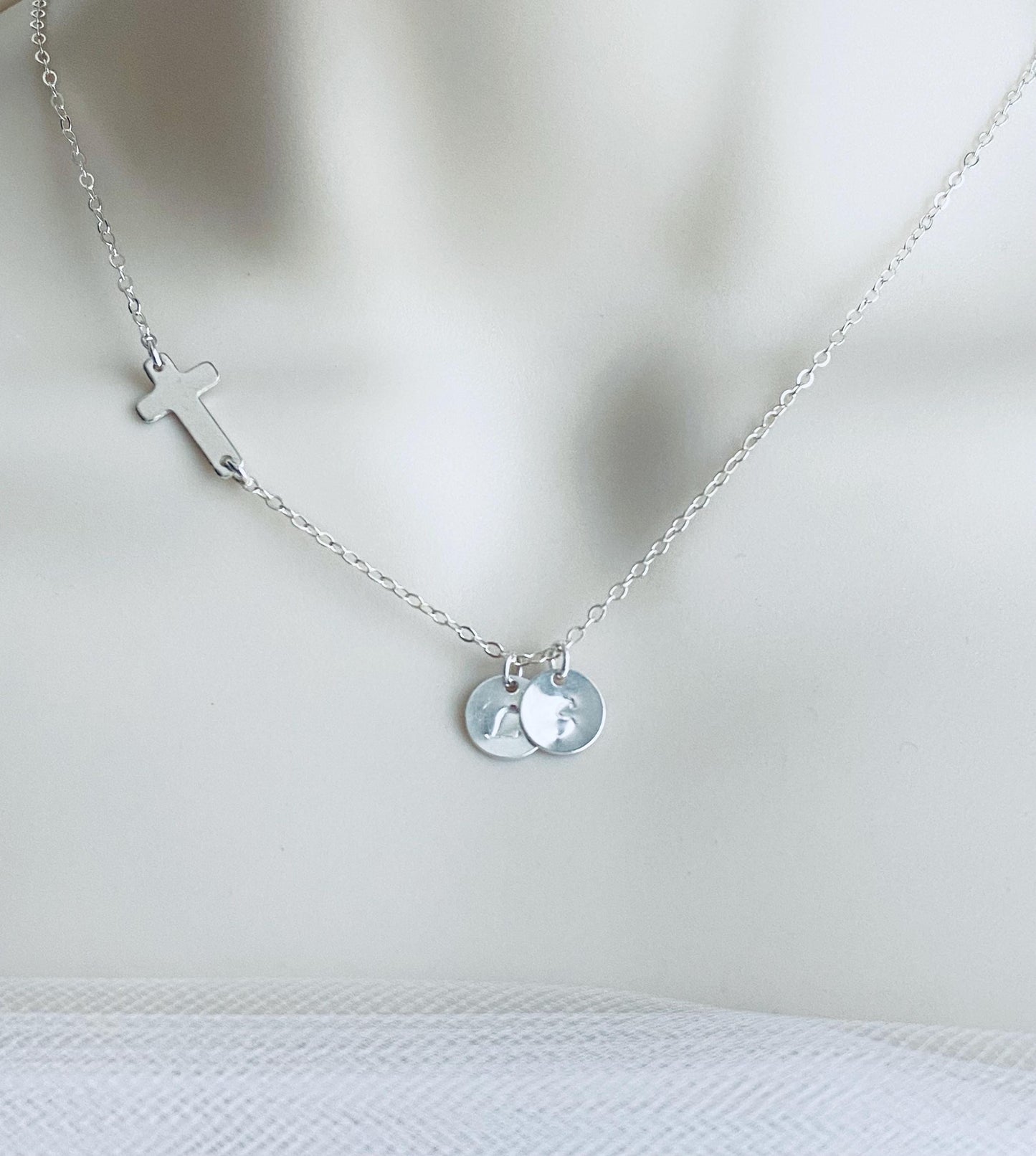 Personalized Cross Necklace with Hand Stamped Initial Charm • Custom Faith Necklace