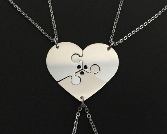 Personalized Stainless Steel 3-Piece Heart Puzzle Necklace Set with Tiny Heart Cutout •  Custom Engraved Matching Necklaces