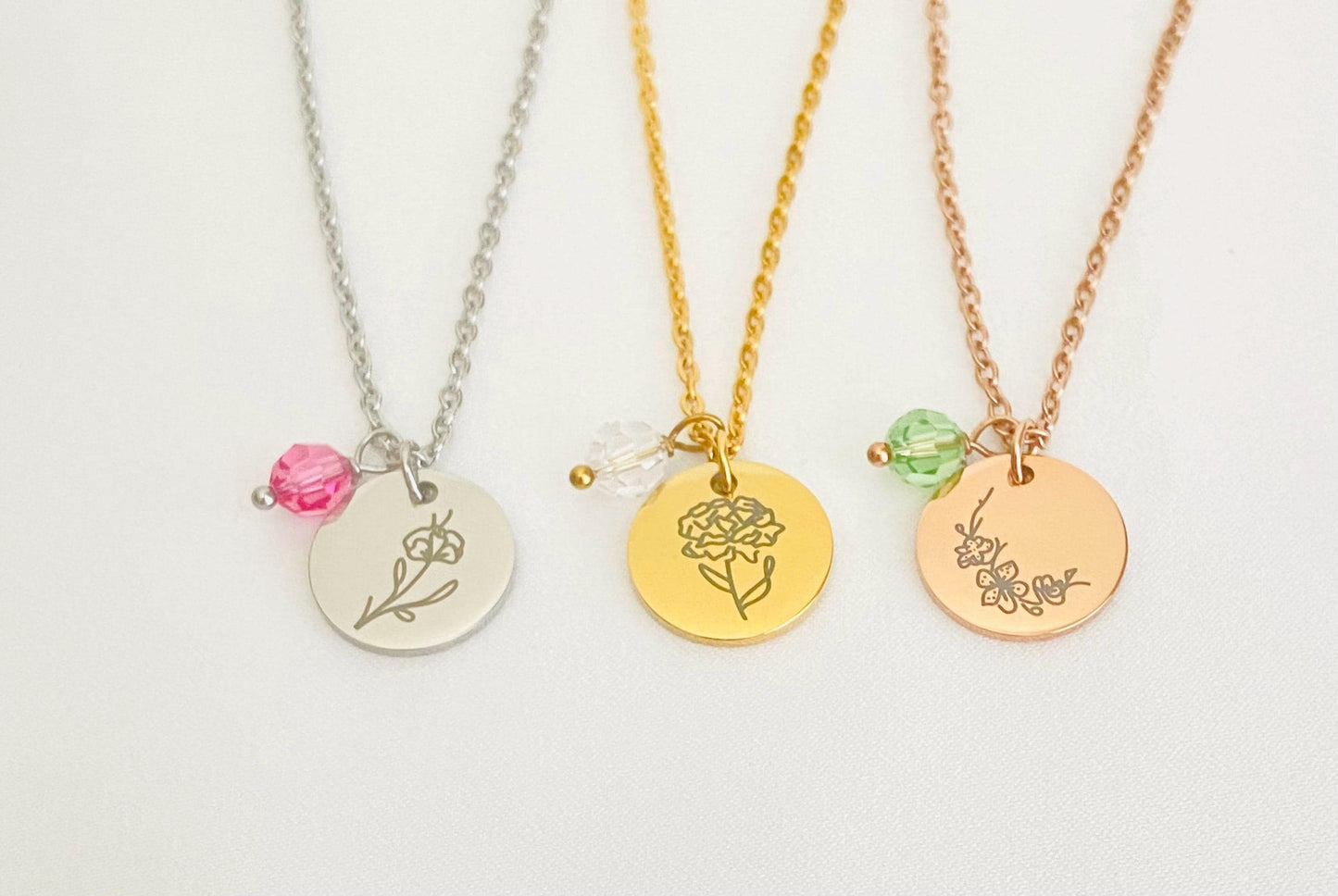 Personalized Flower Necklace with Birthstone • Stainless Steel Birth Flower & Birthstone Necklace