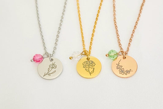 Personalized Flower Necklace with Birthstone • Stainless Steel Birth Flower & Birthstone Necklace