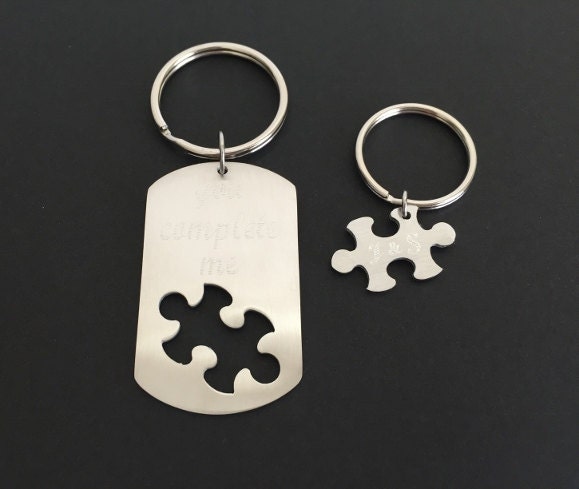 Personalized Stainless Steel Puzzle Key Chain Set • Interlocking Puzzle Piece Dog Tag Key Chains