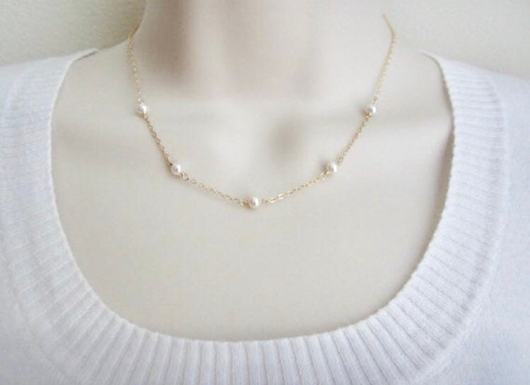 White Freshwater Pearl Necklace in Sterling Silver, Gold Filled or Rose Gold