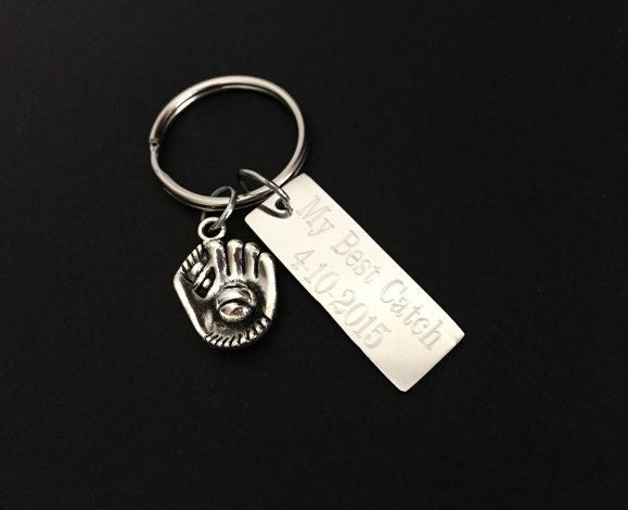 Personalized Key Chain with Baseball Mitten Charm • Custom Engraved Stainless Steel Keychain