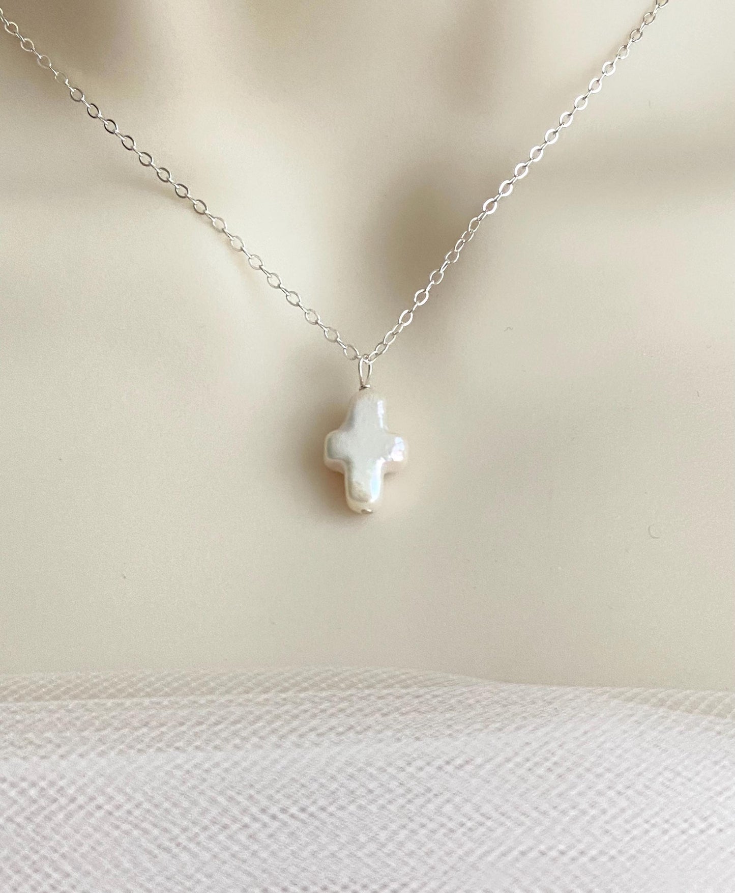 White Freshwater Pearl Cross Pendant Necklace in Sterling Silver or Gold Filled • Christian Faith Jewelry Gift