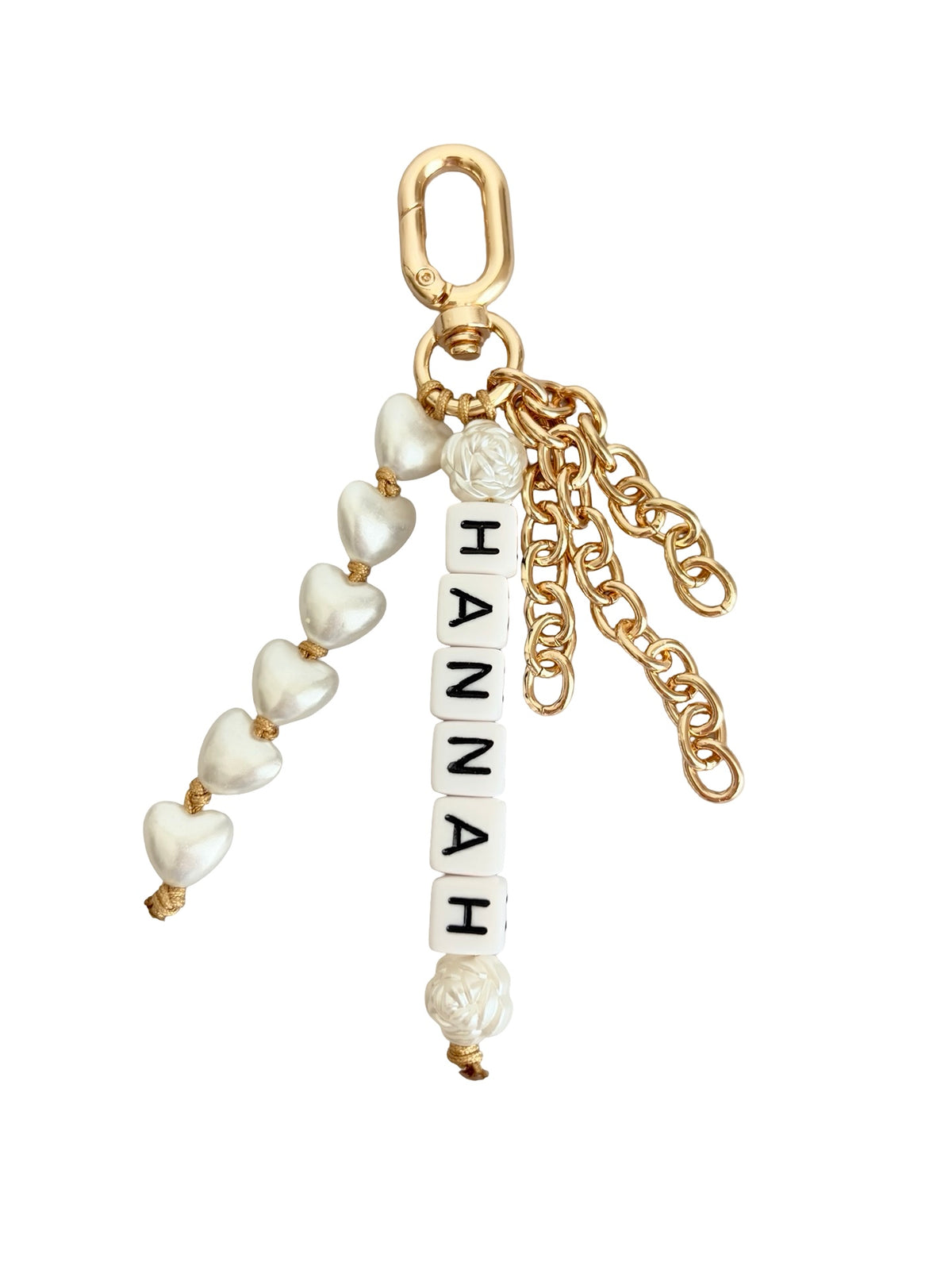 Personalized Bag Charm with Acrylic Heart, Name & Chain Tassels • Silver or Champagne Gold