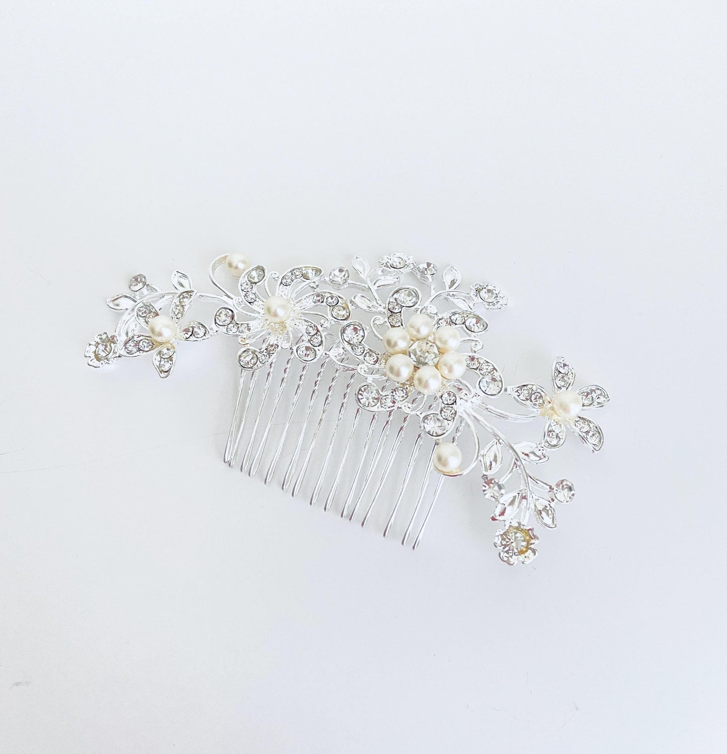 Rhinestone and Glass Pearl Floral Hair Comb • Bridal Wedding Hair Accessory for Bride & Bridesmaids
