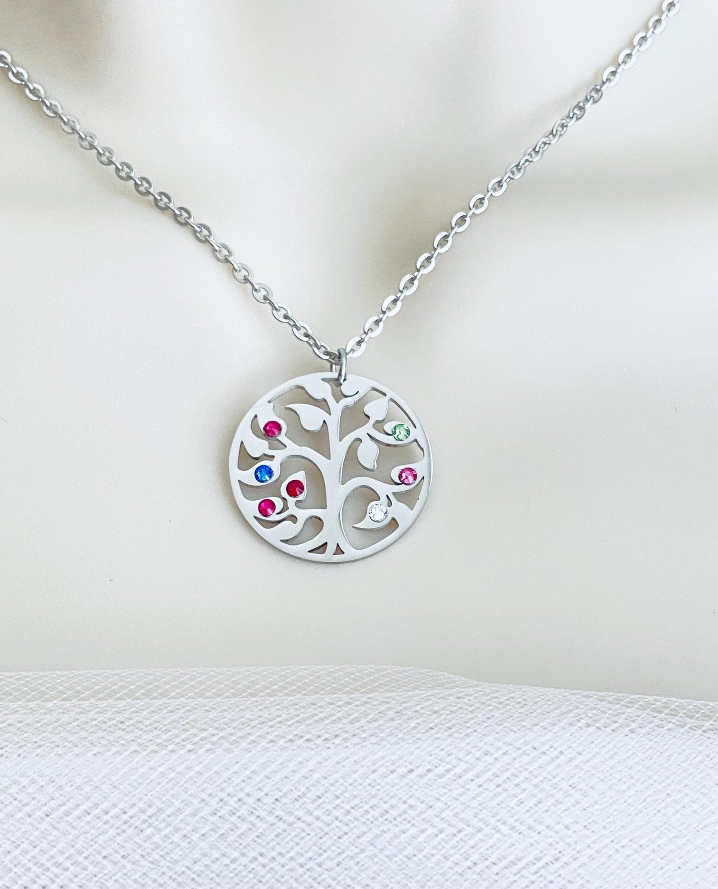Stainless Steel Birthstone Family Tree Pendant Necklace • Personalized Family Jewelry