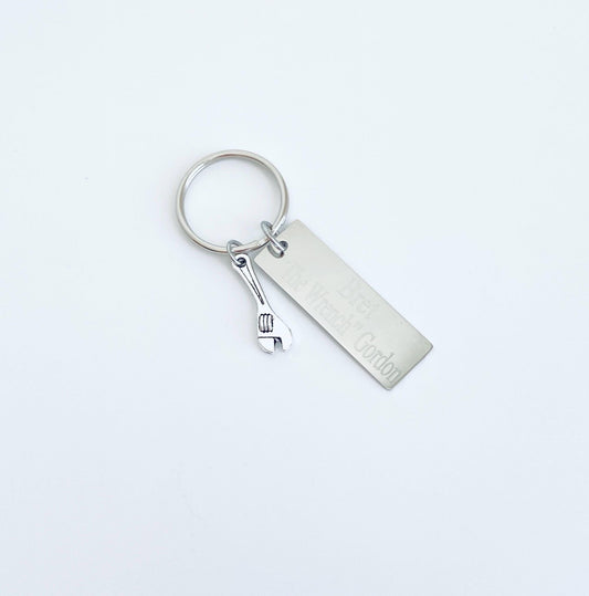 Personalized Key Chain with Wrench Charm • Custom Engraved Stainless Steel Tag Keychain
