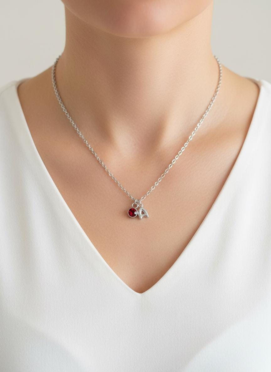 Personalized Birthstone & Small Bubble Initial Necklace • Gift for Her