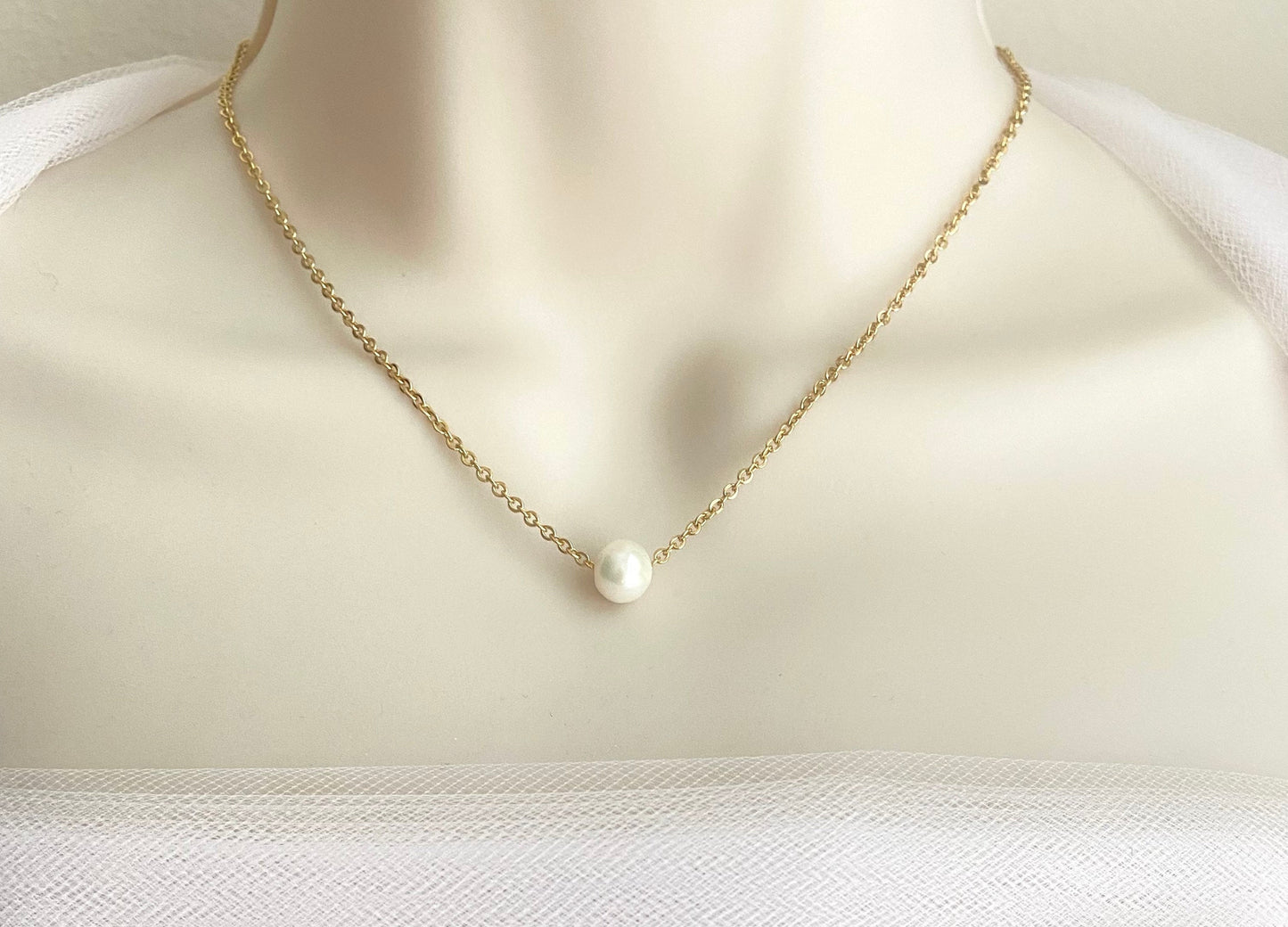 Stainless Steel Floating Pearl Necklace • Big Hole Pearl Necklace in Silver, Gold or Rose Gold