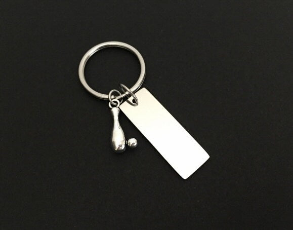 Personalized Key Chain with Bowling Pin Charm • Custom Engraved Bowling Gift
