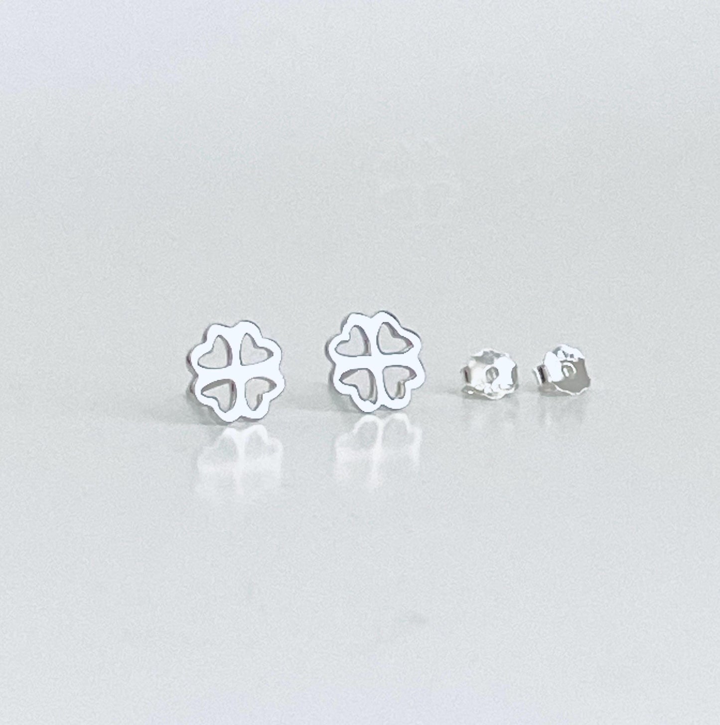 Sterling Silver Clover Stud Earrings •  Lucky Four Leaf Clover 925 Silver Studs