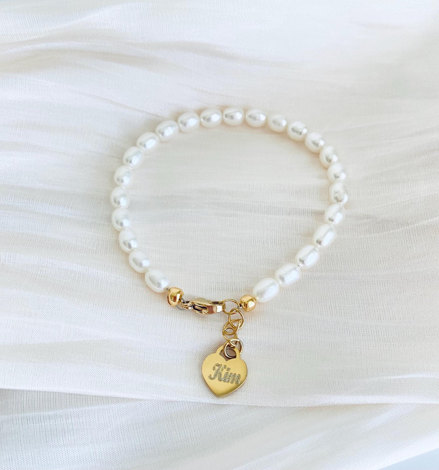 White Freshwater Pearl Bracelet with Personalized Stainless Steel Heart Charm • Custom Pearl Jewelry Gift