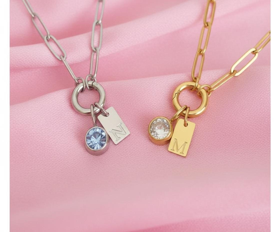 Personalized Stainless Steel Paperclip Chain Necklace with Birthstone & Initial Charm • Custom Name Jewelry Gift