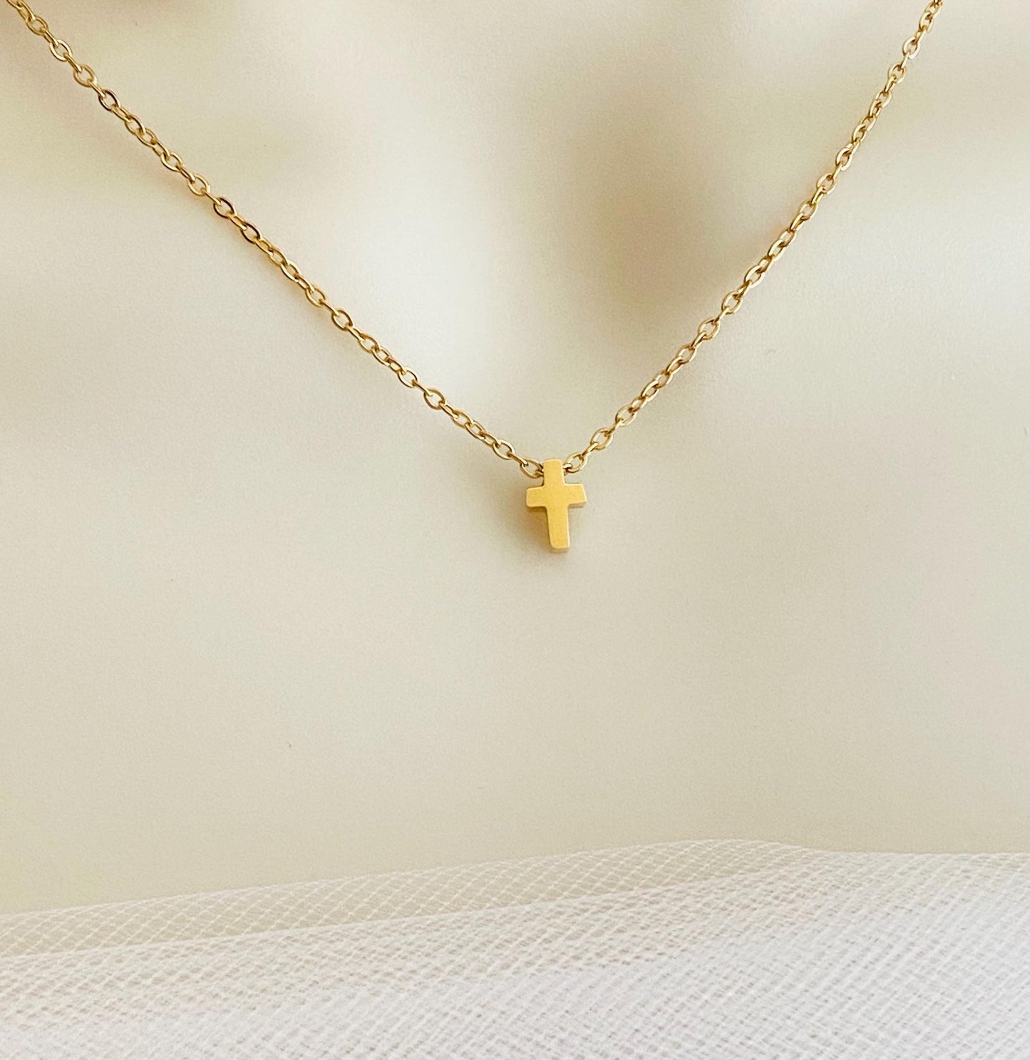 Stainless Steel Tiny Cross Charm Necklace • Minimalist Religious Necklace in Silver or Gold