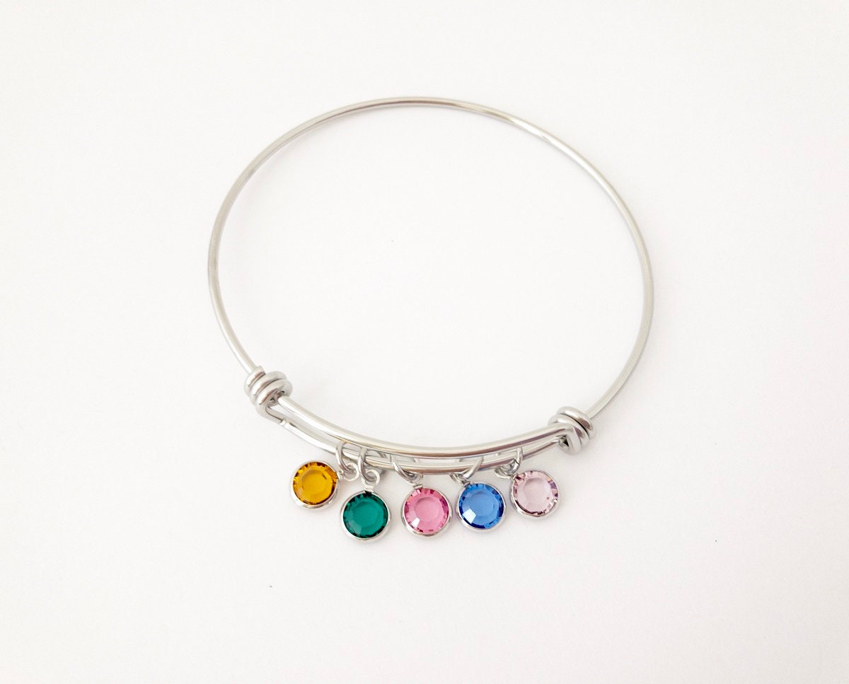 Stainless Steel Birthstone Bangle Bracelet with Crystal Birthstone Charm