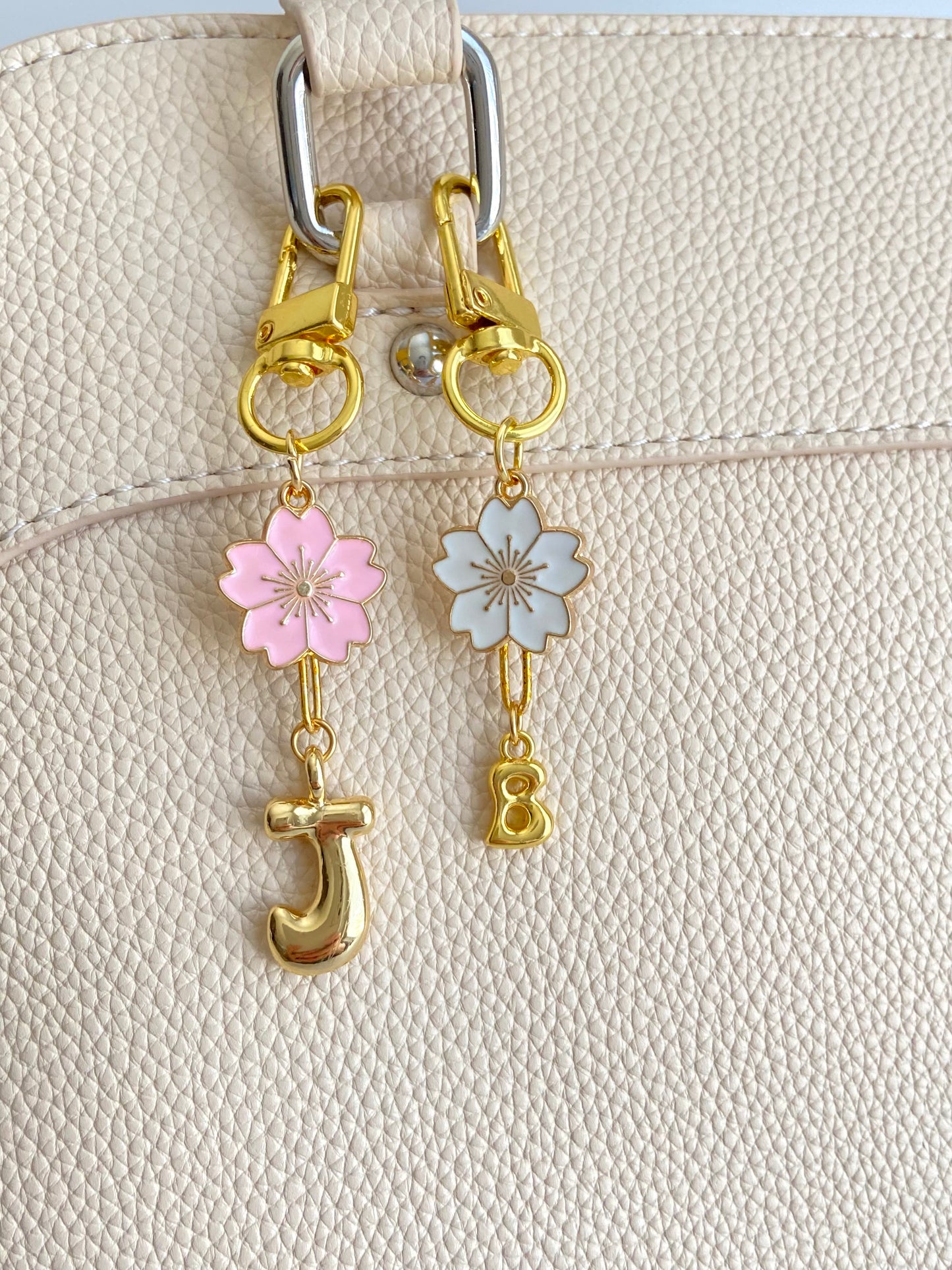 Matching Mother & Daughter Gold Tone Clip-On Bag Charm Set • Large & Small Bubble Initial with Flower Charm Set