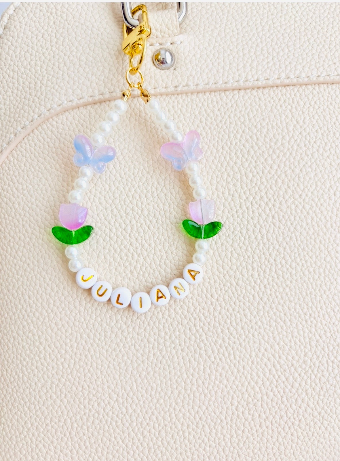 Personalized Name Bag Charm with Tulip & Butterfly